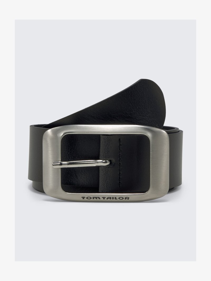 Black leather belt with a wide, smooth texture. Features a rectangular metallic buckle with a silver finish, embossed with "TOM TAILOR."