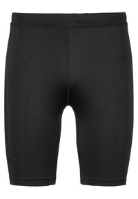 Svarta träningsshorts gjorda av stretchigt material, med en åtsittande design, slät textur och en logo tryckt på vänster sida.