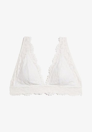 White lace bralette with a triangular shape, scalloped edges, and floral texture. Soft material and no underwire for comfort.