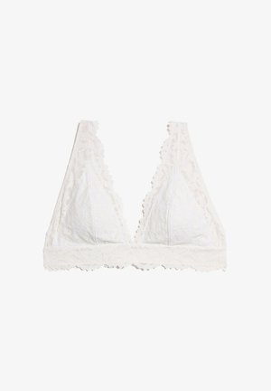 Bralette de encaje blanco con forma triangular, bordes festoneados y textura floral. Material suave y sin aros para mayor comodidad.
