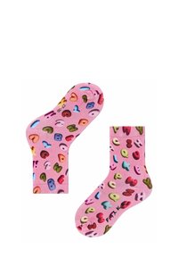 Różowe skarpety z zabawnym wzorem wielokolorowych liter i emotikon. Wykonane z miękkiego materiału, zapewniające wygodne dopasowanie do codziennego noszenia.