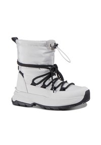Białe wodoodporne buty z wyściełanym cholewką, elastycznymi sznurówkami i czarnymi akcentami. Cechują się teksturowaną podeszwą dla lepszej przyczepności i trwałości.