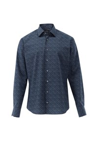 Long-sleeve shirt in dark blue fabric with a diamond pattern, button-down collar, and front-button closure featuring silver buttons.