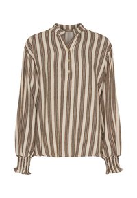 Stripet bluse i creme, brun og m�ørkebrun. Har ståkrave, knappelukning og rynkede manchetter for en afslappet pasform.