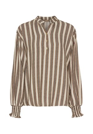 Stripet bluse i creme, brun og mørkebrun. Har ståkrave, knappelukning og rynkede manchetter for en afslappet pasform.
