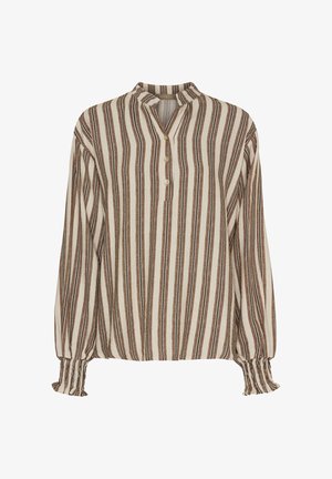Stripet bluse i creme, brun og mørkebrun. Har ståkrave, knappelukning og rynkede manchetter for en afslappet pasform.