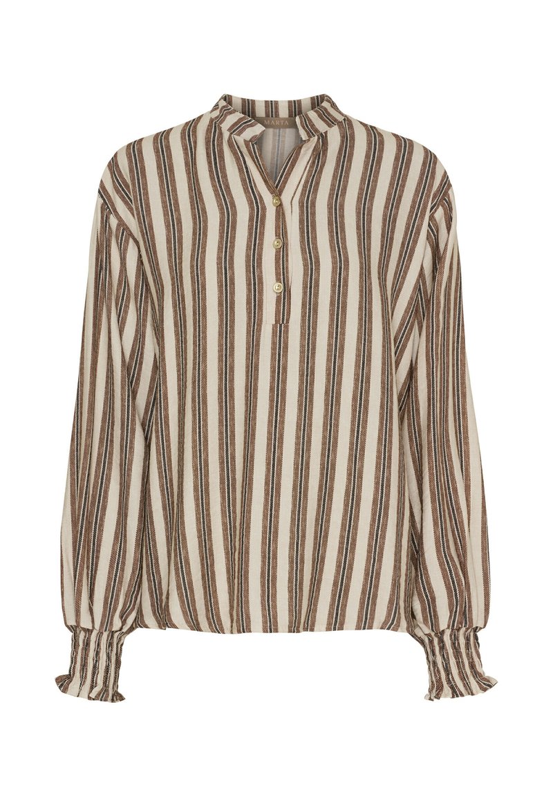 Stripet bluse i creme, brun og mørkebrun. Har ståkrave, knappelukning og rynkede manchetter for en afslappet pasform.