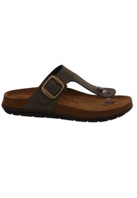 Brown flip-flop sandal with a cushioned footbed, rubber outsole, and a dark green leather upper featuring a buckle and decorative button.