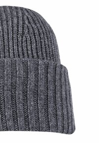 Gray knit beanie hat with vertical ribbed texture. Soft wool blend material, folded cuff, and rounded top for warmth and comfort.