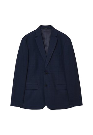 Blazer blu navy con motivo a quadri, design a una fila di bottoni, due tasche frontali e rivestimento interno simile alla satin.