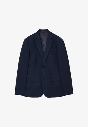 Navyblaues Blazer mit Karomuster, einreihigem Design, zwei vorderen Taschen und einem satinartigen Innenfutter.