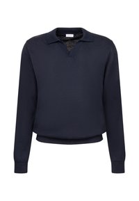 Marineblaues langärmeliges Pullover mit V-Ausschnitt, gerippten Bündchen und strukturiertem Stofffinish. Lässige, lockere Passform in einfarbig.