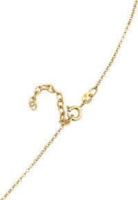 Bracciale in oro con una struttura a catena, dotato di un chiusura tonda e un'estensione di lunghezza regolabile, che riflette una superficie metallica liscia.