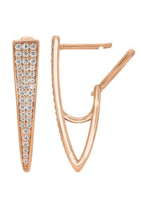 Orecchini in oro rosa a forma triangolare, con una fila di gemme scintillanti lungo un bordo e una finitura liscia e lucida.