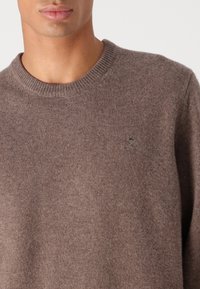 Brązowy sweter dzianinowy z okrągłym dekoltem, ściągaczami na rękawach i małym haftowanym logo po lewej stronie klatki piersiowej. Miękka faktura.