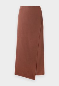 Brun, lang omslagkjole i et glat stof med en lige silhuet. Har en sideslids for nem bevægelse. Enkelt design uden mønstre.