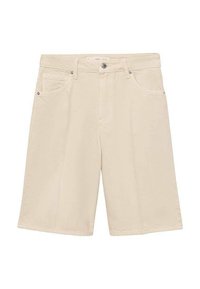 Shorts en coton beige avec fermeture à glissière et bouton. Possède cinq poches et des détails de coutures subtils. Coupe régulière et design arrivant au genou.