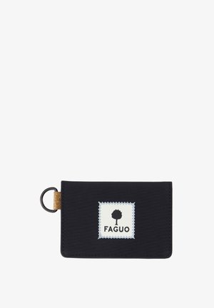 Black fabric wallet with a white stitched patch featuring a tree logo and the word "FAGUO," attached to a metal ring on a cork strap.