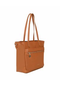 Brun læder tote taske med to lange håndtag, rektangulær form, frontlynlås lomme og en glat tekstur. Sølv hardware accent.