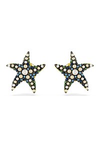 Pendientes en forma de estrella que presentan una mezcla de piedras negras, azules y verdes, acentuados con perlas blancas y herrajes dorados.