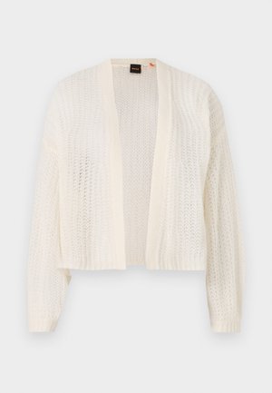 Cardigan de malha aberta, feito de material leve na cor branca suja, com mangas longas e um comprimento cropped. Sem fechos ou características adicionais.