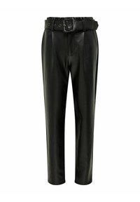 Černé kalhoty z umělé kůže se staženým pasem, širokým opaskem, zúženým střihem a hladkou texturou.
