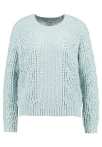 Jasnoniebieski sweter z dzianiny z teksturowanym wzorem w warkocze, okrągłym dekoltem oraz ściągaczami u dołu i na rękawach. Miękka tkanina o luźnym kroju.