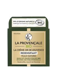 Emballage vert et or pour la crème La Provençale BIO. Présente une surface texturée, des étiquettes claires et des illustrations. Le texte met en avant les ingrédients naturels.