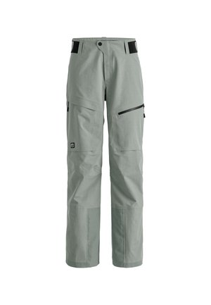 Light gray ski pants with a relaxed fit, zippered pockets, and reinforced knee areas. Features black waistband accents and logo patch.