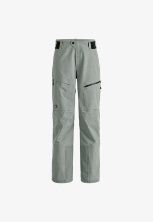 Light gray ski pants with a relaxed fit, zippered pockets, and reinforced knee areas. Features black waistband accents and logo patch.