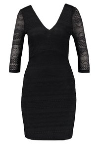 Svart, knä-length bodycon-klänning med V-ringning och trekvarts ärmar av spets med intrikata blommönster.