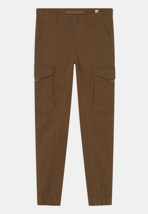 Pantalons cargo marron en tissu doux, dotés de plusieurs poches latérales, de jambes fuselées et d'une taille élastique.