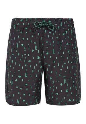 Zwarte zwembroek met groene tropische patronen, waaronder cactussen en golven, voorzien van een elastische tailleband met trekkoord en een zijzak.