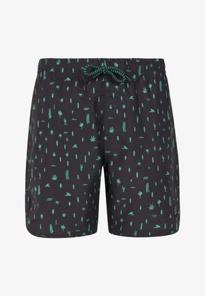Zwarte zwembroek met groene tropische patronen, waaronder cactussen en golven, voorzien van een elastische tailleband met trekkoord en een zijzak.