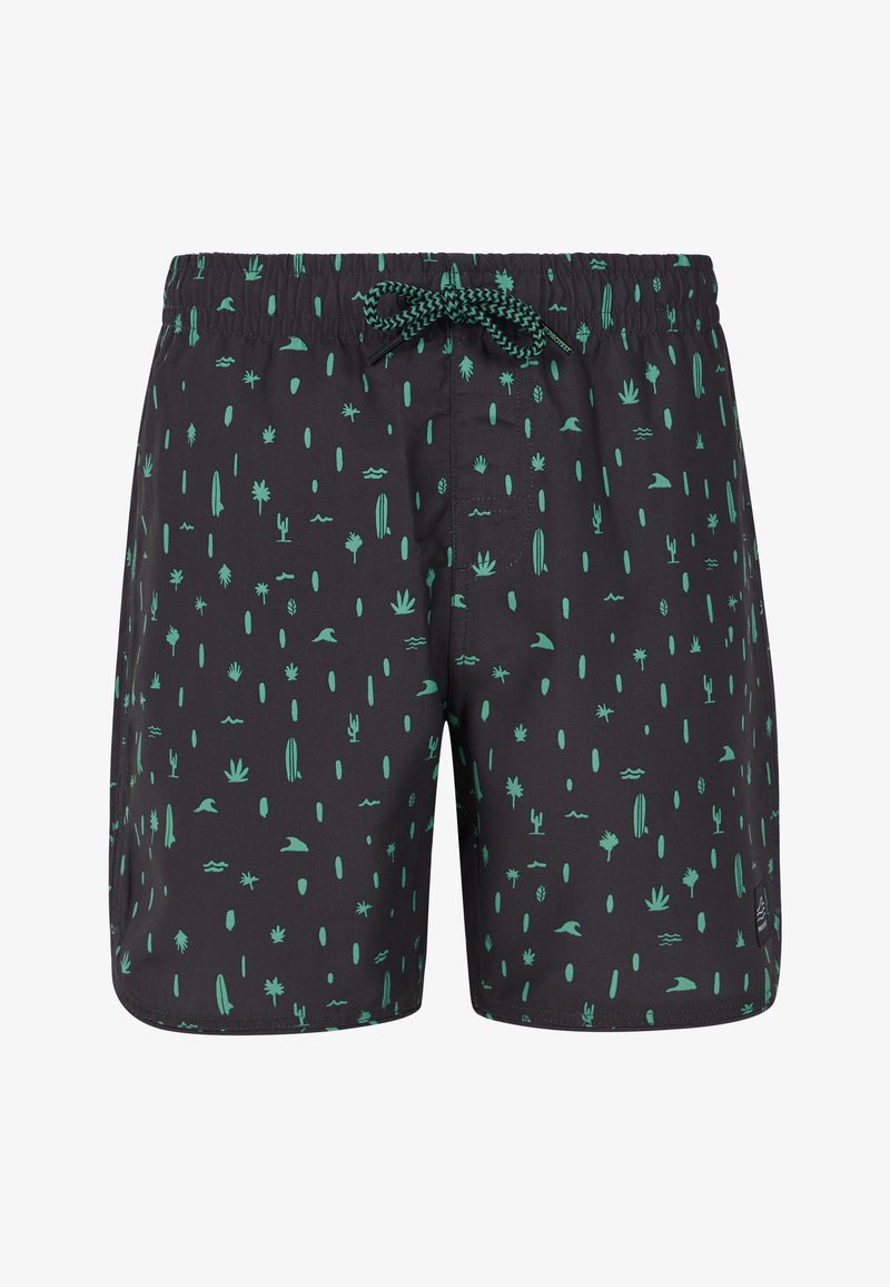 Costume da bagno neri con motivi tropicali verdi, inclusi cactus e onde, dotati di una cintura elastica con lacci e una tasca laterale.