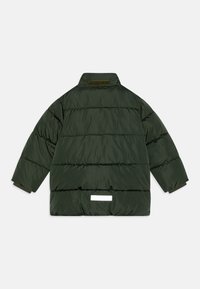 Grön puffjacka med hög krage, horisontell sömnad, elastiska muddar och en reflekterande detalj på baksidan. Slätt, isolerat tyg.