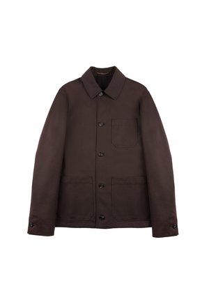 Veste marron en tissu lisse, dotée d'un col, de boutons sur le devant et de deux grandes poches. Design simple et fonctionnel.