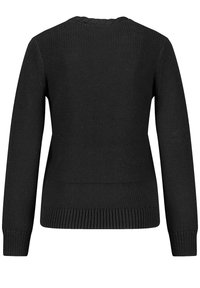 Svart stickad tröja med en texturerad yta, rund halsringning och långa ärmar. Ribbad fåll och ärmslut, enkel design utan dekorationer.