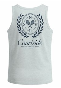 Light gray sports tank top featuring a navy graphic design, including crossed tennis rackets and laurel leaves, with "Courtside" text.