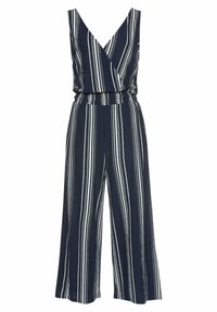 Marineblauwe jumpsuit met witte verticale strepen, diepe V-hals, aansluitende taille en wijde pijpen. Gemaakt van lichte stof met een zachte textuur.