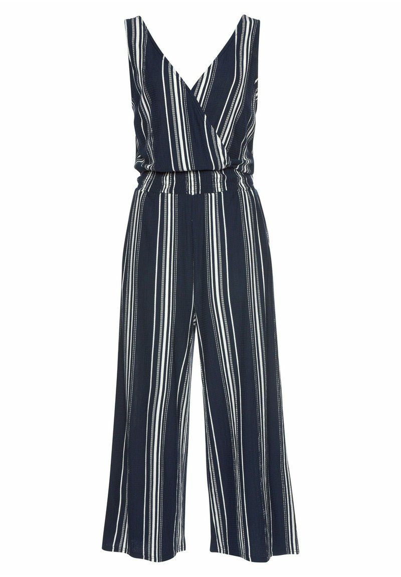 Marineblauwe jumpsuit met witte verticale strepen, diepe V-hals, aansluitende taille en wijde pijpen. Gemaakt van lichte stof met een zachte textuur.
