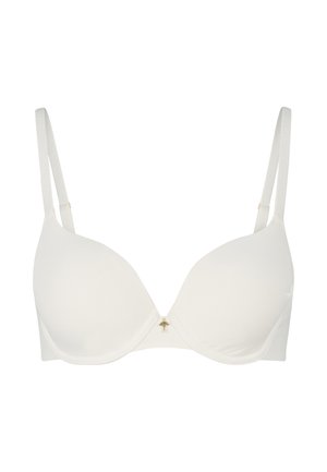 White underwire bra with smooth cups, adjustable straps, and a small gold accent at the center. Made from soft fabric.
