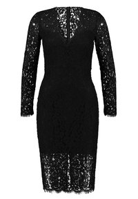 Mustat pitsimekot pitkillä hihoilla, joissa on V-pääntie ja tiukka muotoilu. Reunustettu helma ja kukkakuosi koko mekossa.