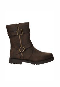 Bottine en cuir synthétique marron à tige courte, dotée de deux sangles décoratives avec boucles, d'une fermeture éclair sur le côté, d'un bout arrondi et d'une semelle en caoutchouc texturé.