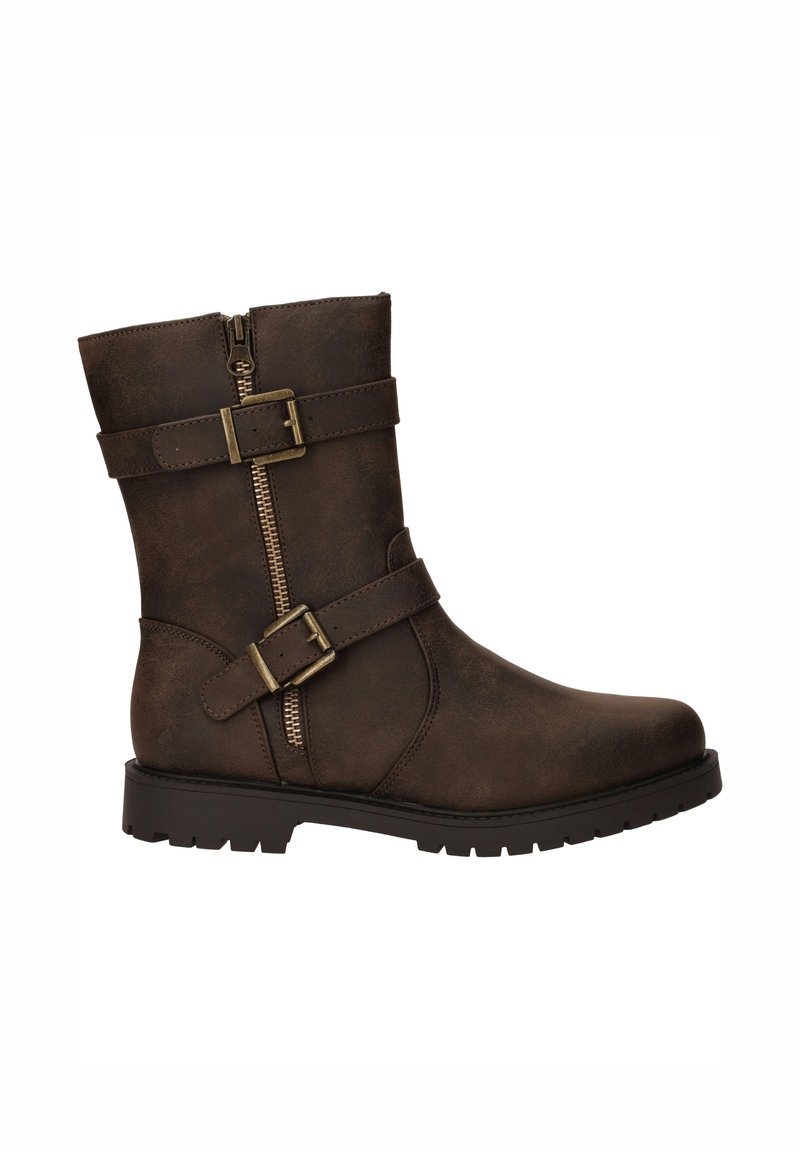 Bottine en cuir synthétique marron à tige courte, dotée de deux sangles décoratives avec boucles, d'une fermeture éclair sur le côté, d'un bout arrondi et d'une semelle en caoutchouc texturé.