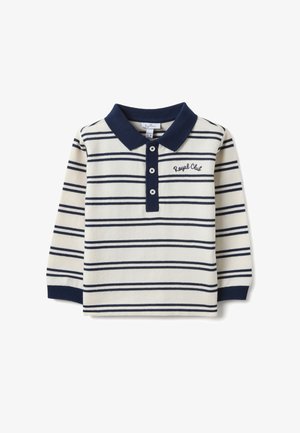 Langärmeliges Poloshirt für Kleinkinder in Creme und Marineblau mit horizontalen Streifen, drei Knöpfen vorne und der Aufschrift "Royal Club" auf der Brust.