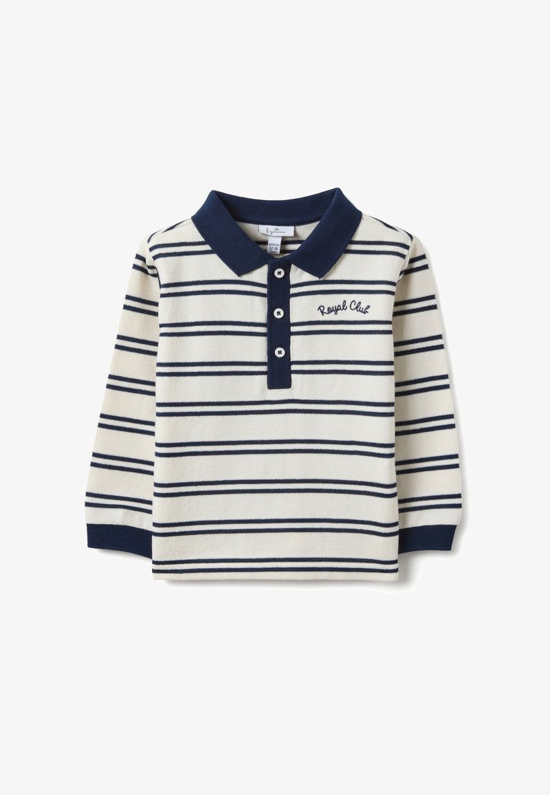 Polo a maniche lunghe per bambino piccolo in crema e blu navy con righe orizzontali, tre bottoni frontali e "Royal Club" ricamato sul petto.