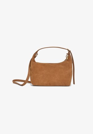 Braune Wildleder-Handtasche mit rechteckiger Form, einem kurzen Griff und einem abnehmbaren Schultergurt. Sie verfügt über einen Reißverschluss und minimale Nähte.