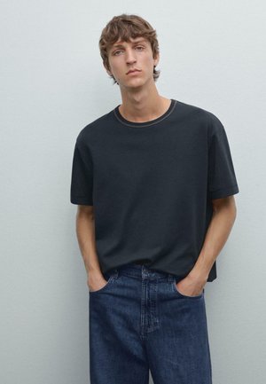 Massimo Dutti SHORT-SLEEVE WITH CONTRAST TOPSTITCHING - T-shirts basic - mottled dark blue