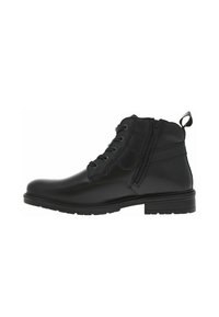 Botas negras hasta el tobillo con un acabado de cuero suave, cordones frontales, cremallera lateral y una suela de goma resistente. Presenta una lengüeta en el talón.